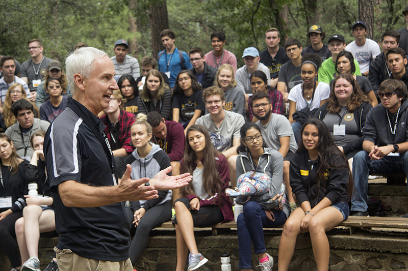 Jim Collofello, Vice Dean, Academic and Student Affairs, speaks to the E2 campers outside