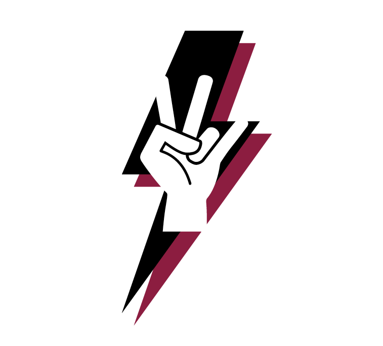 A hand doing the fork symbol in front of a black lightning bolt with a maroon shadow underneath.