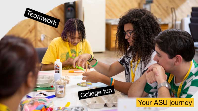 A group of students sits at a table together doing crafts, with magnets saying "teamwork," "college fun" and "your ASU journey" stuck to it as if it were a photo stuck to a fridge.